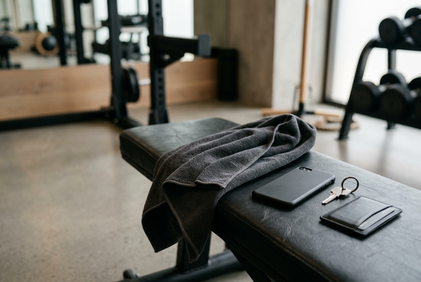 Grey gym towel on a workout bench with a smartphone and locker key nearby.